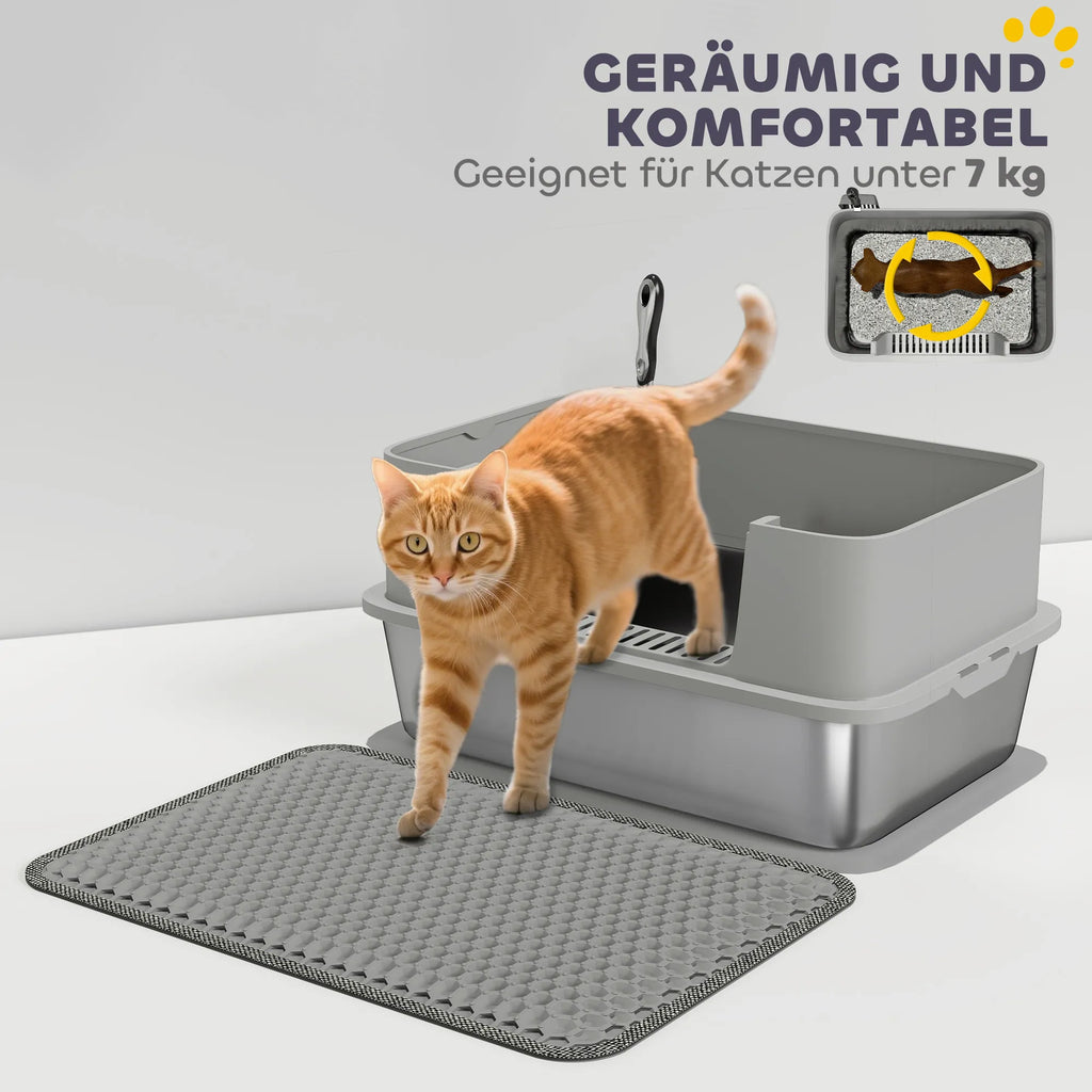 Katės tualetas su nerūdijančio plieno pagrindu ir kraiko kilimėliu, iki 7 kg, pilkas