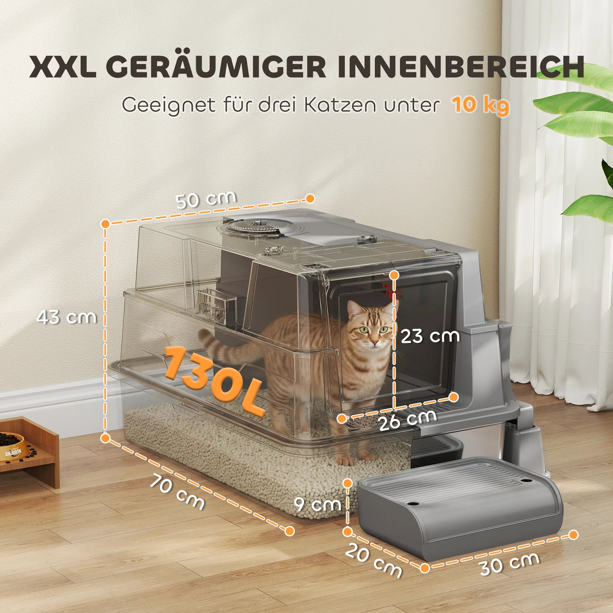 Katės tualetas XXL su uždengimu, 130 l, pilkas