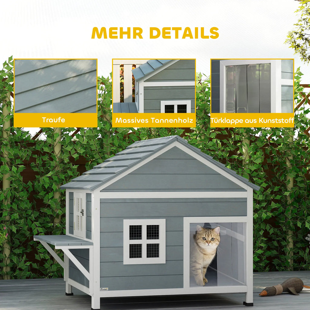 Katzenhaus – dviejų aukštų namelis katėms su terasa, pilkas