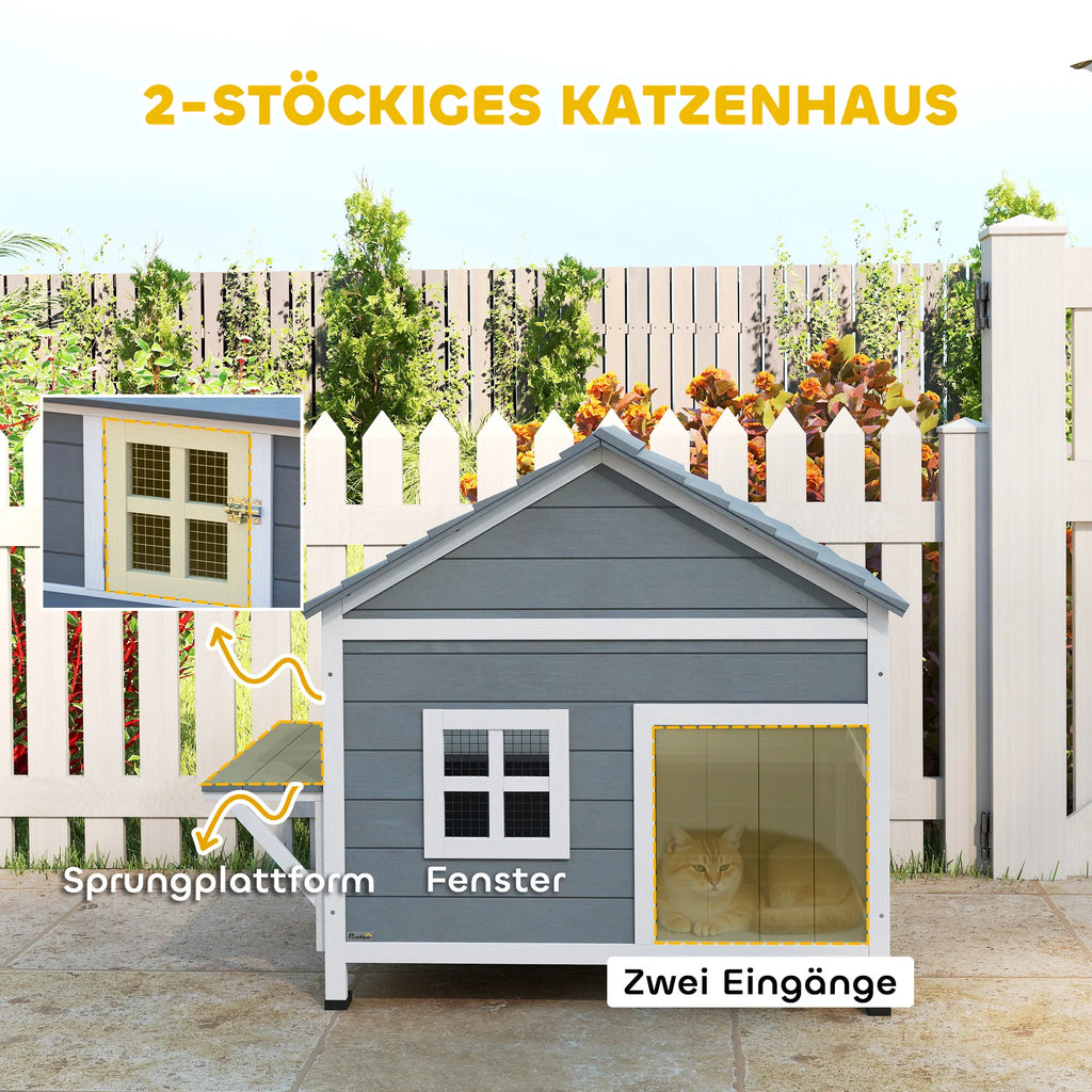 Katzenhaus – dviejų aukštų namelis katėms su terasa, pilkas