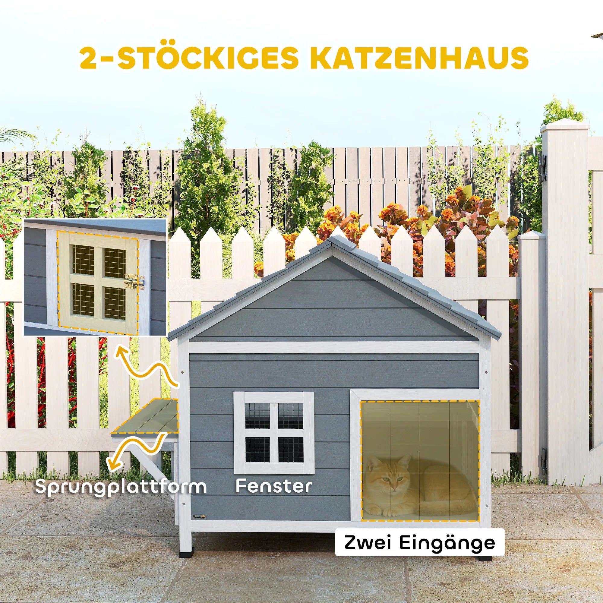 Katzenhaus – dviejų aukštų namelis katėms su terasa, pilkas