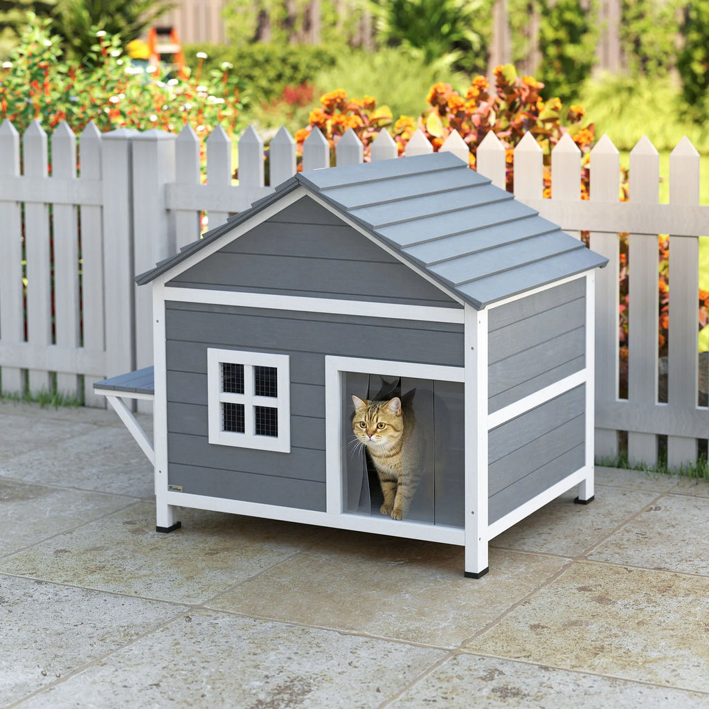 Katzenhaus – dviejų aukštų namelis katėms su terasa, pilkas