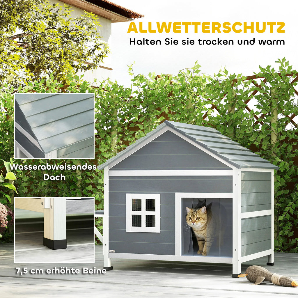 Katzenhaus – dviejų aukštų namelis katėms su terasa, pilkas