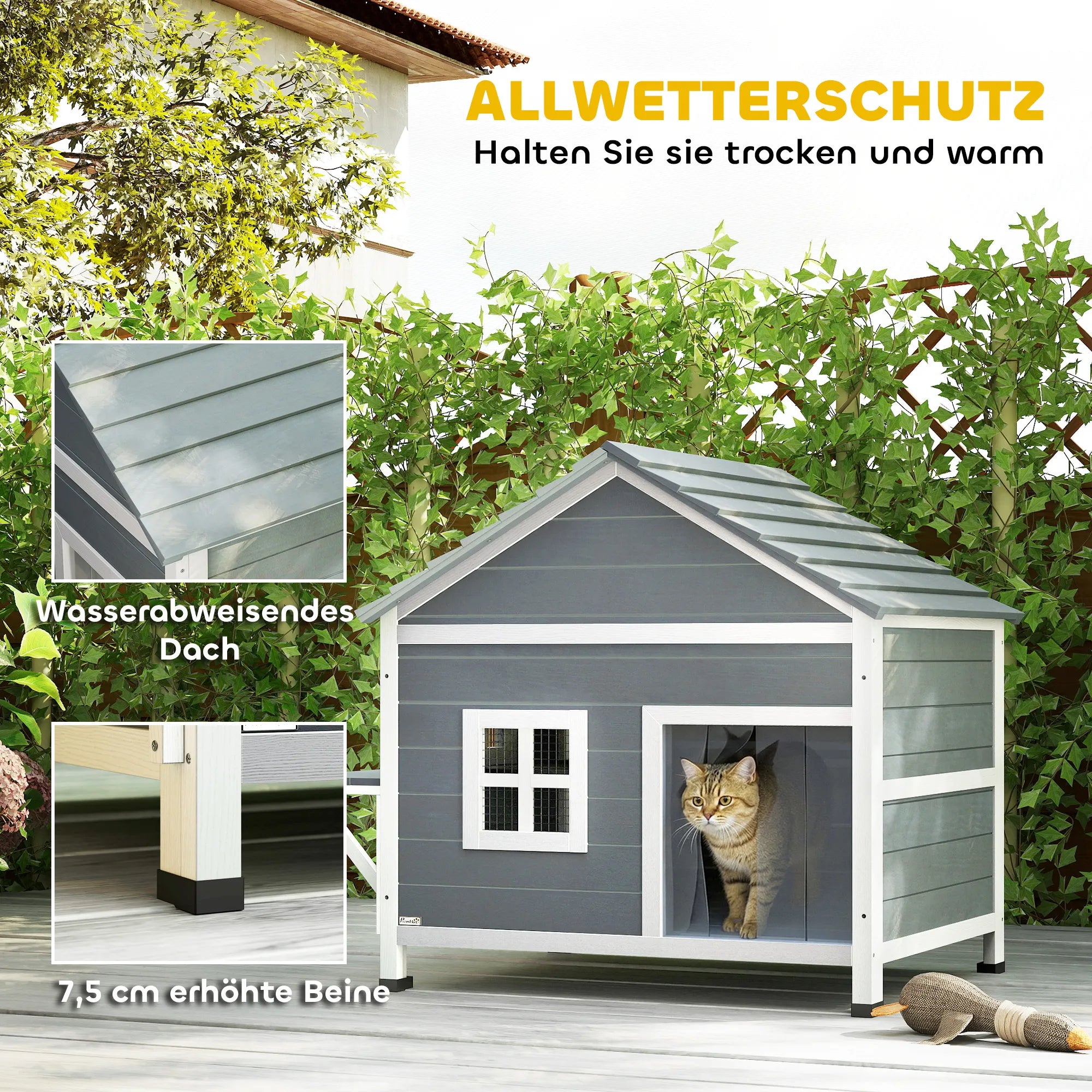 Katzenhaus – dviejų aukštų namelis katėms su terasa, pilkas