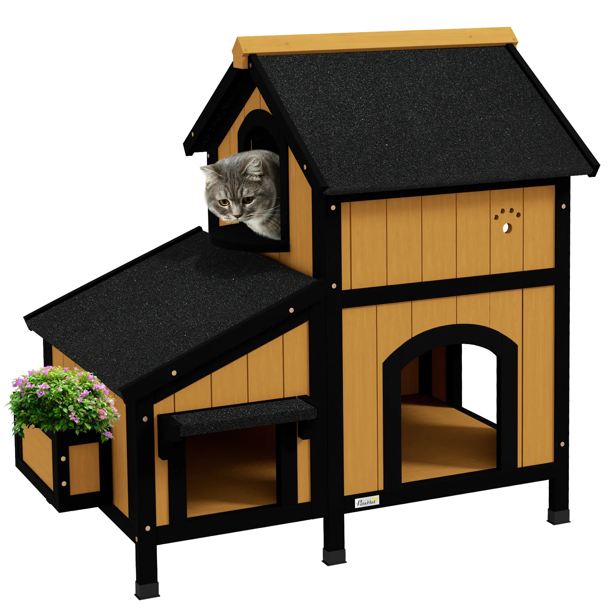 Katzenhaus su gėlių dėže, 96 x 65 x 85,5 cm, geltonas