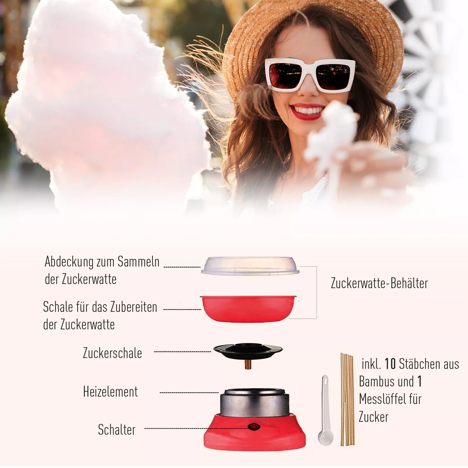 Cukraus vatos aparatas namams Cotton Candy Machine Cukraus vatos aparatas su lazdelėmis ir matavimo šaukštu Aukštis 18 cm 550 W Vaikų šventėms, gimtadieniams, vakarėliams Raudonas