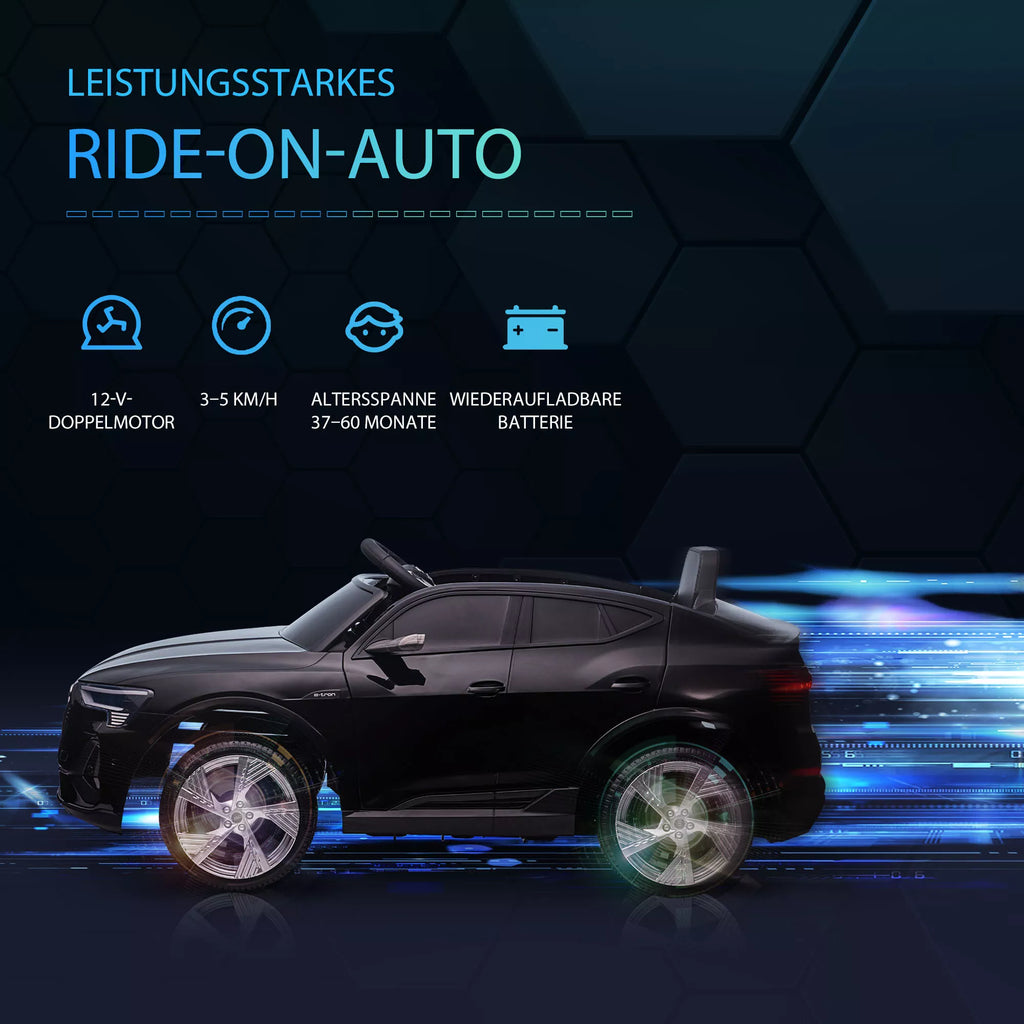 Elektrinis vaikų automobilis 12 V elektrinis automobilis „Audi E-tron“ su nuotolinio valdymo pultu, saugos diržu, muzika (MP3/USB/TF), vaikų automobilis vaikams nuo 3 iki 5 metų, 3–5 km/h, juodos spalvos