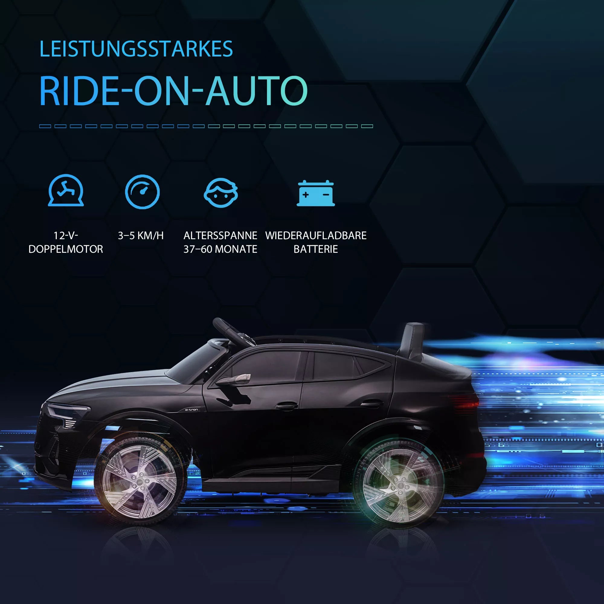 Elektrinis vaikų automobilis 12 V elektrinis automobilis „Audi E-tron“ su nuotolinio valdymo pultu, saugos diržu, muzika (MP3/USB/TF), vaikų automobilis vaikams nuo 3 iki 5 metų, 3–5 km/h, juodos spalvos