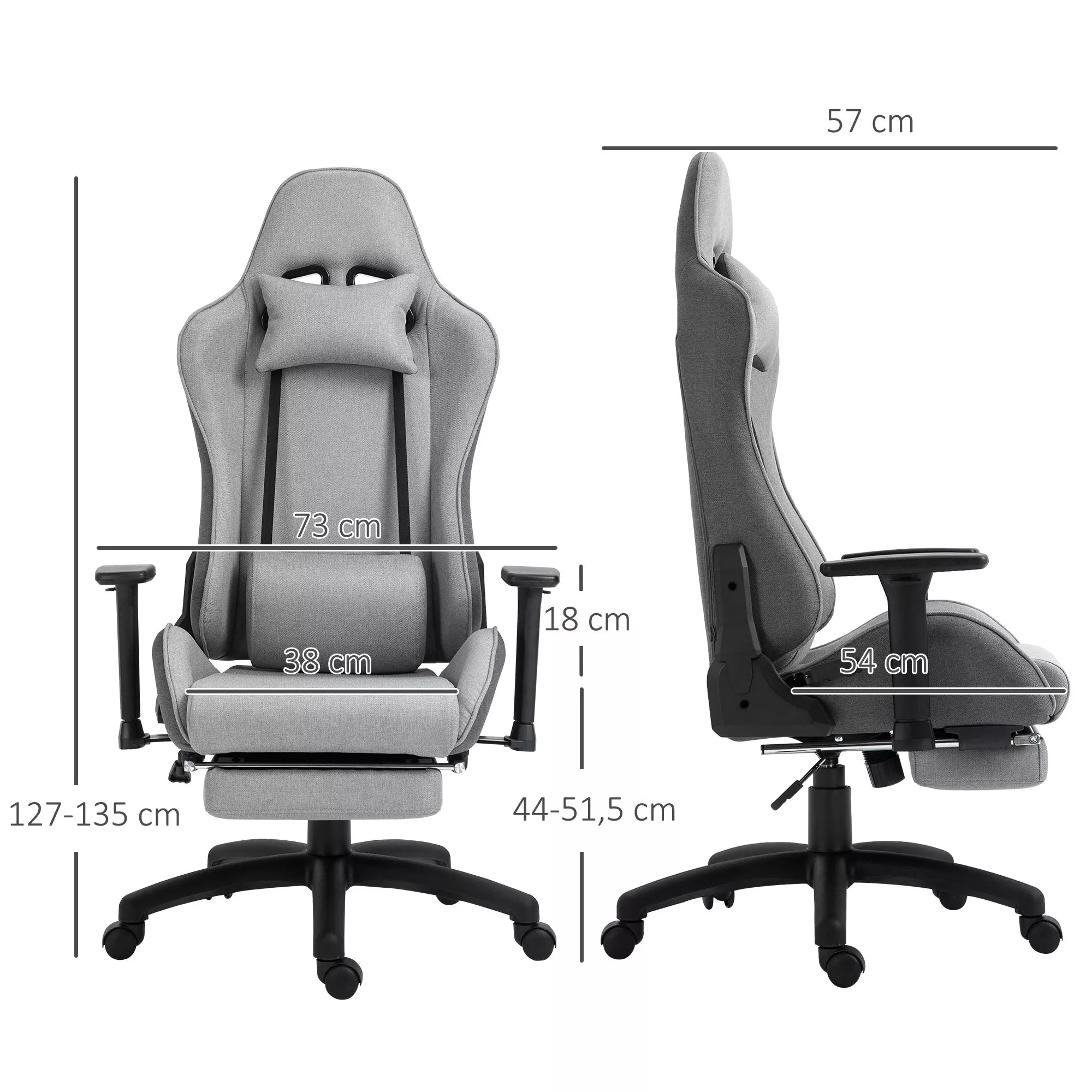 Infografika su pilkos žaidimų kėdės matmenimis: 57 cm plotis, 127–135 cm aukštis, 44–51,5 cm gylis