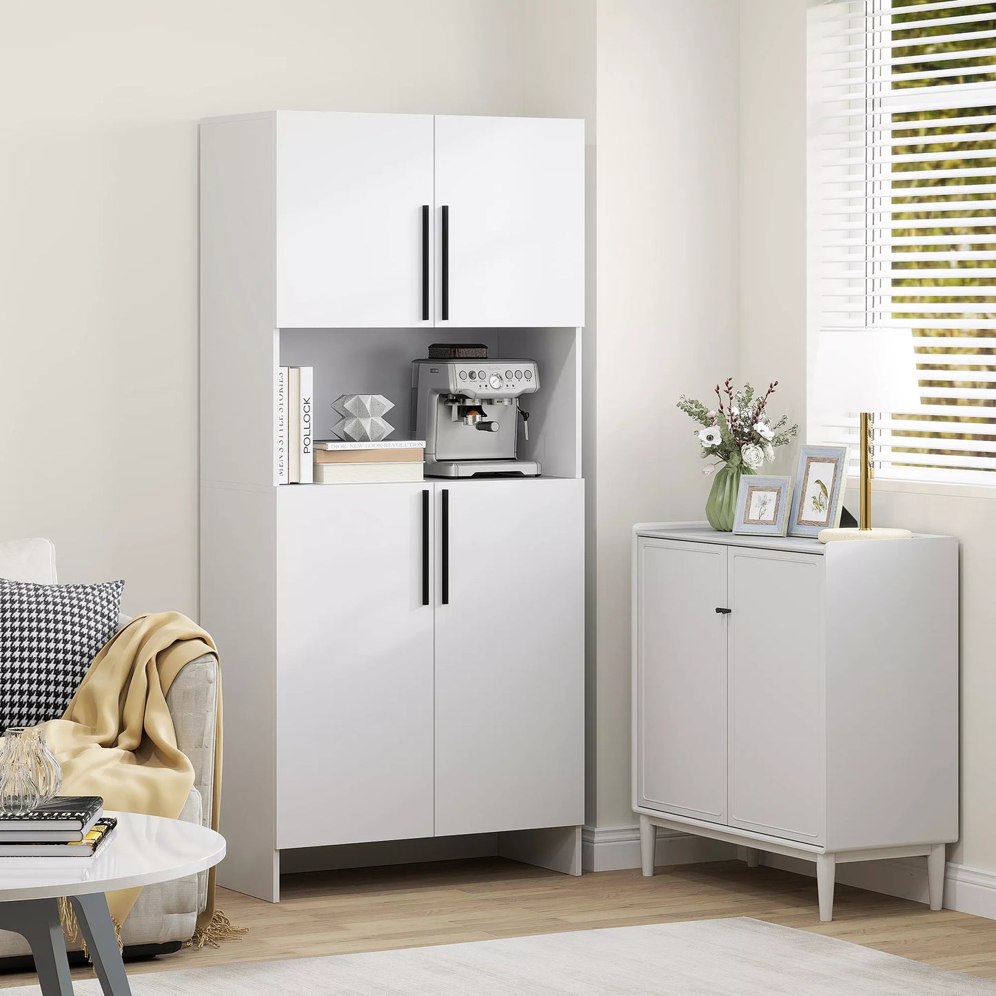 Virtuvės spintelė, sandėliuko spintelė skirta virtuvei, svetainei, valgomajam, spintelės, lentynos, mikrobangų krosnelės padėklas, medžio drožlių plokštė, balta