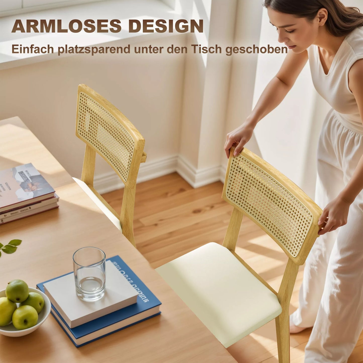 Valgomojo kėdė, rotango atlošas, dirbtinės odos sėdynė, guminmedžio mediena, natūralaus medžio