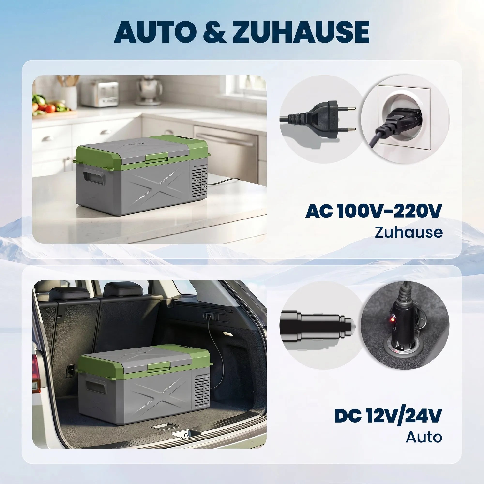 Šaldytuvas pastatytas virtuvėje ir automobilio bagažinėje su maitinimo jungtimis