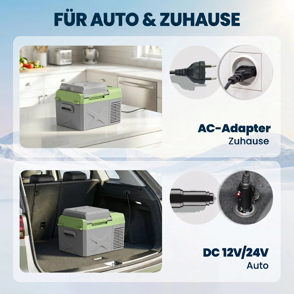 Šaldytuvas virtuvėje ir automobilio bagažinėje su maitinimo jungtimis