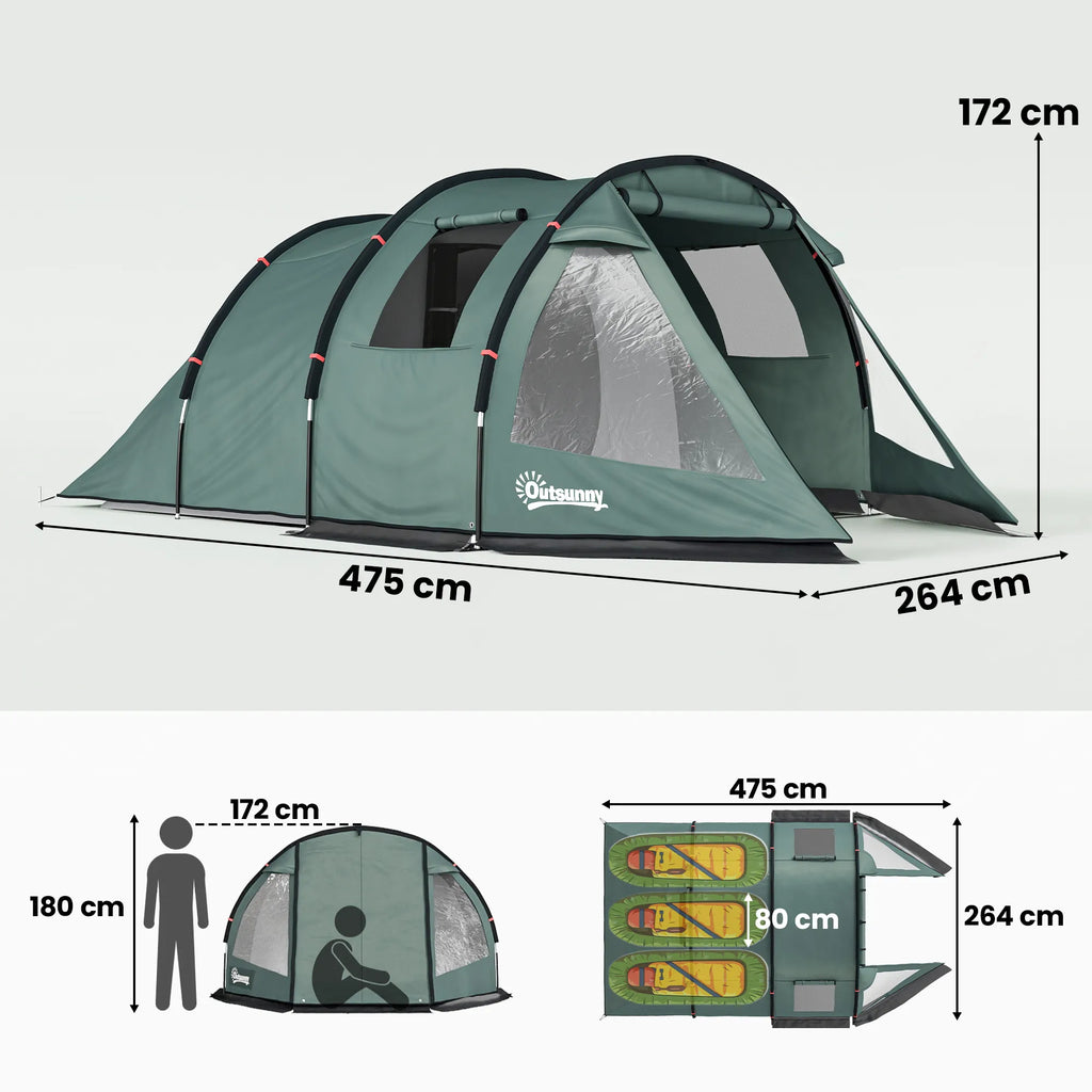 Kempingo palapinė su 2 kambariais, 3-4 asmenims, žalia 4,75 x 2,64 x 1,72 m