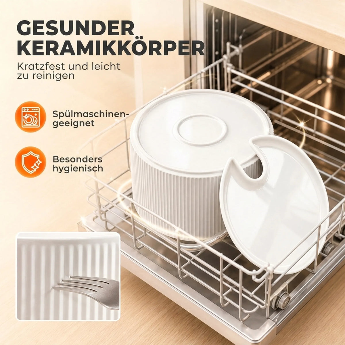 Infografika, rodanti kad keraminis fontano korpusas tinka plauti indaplovėje