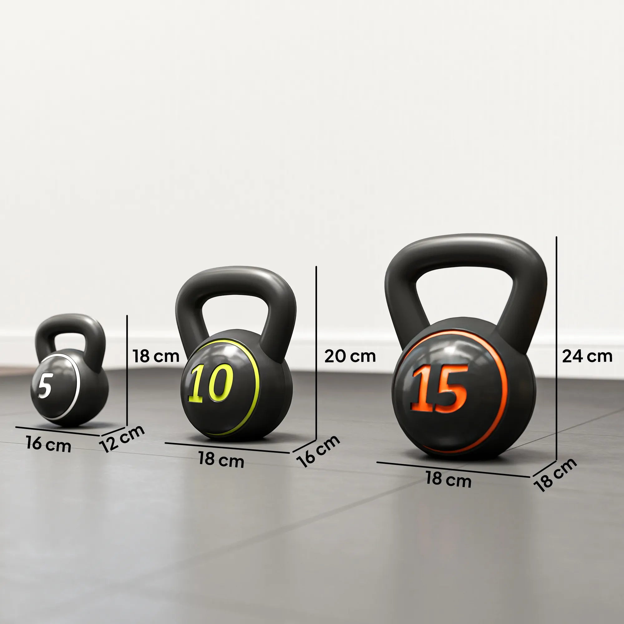 Kettlebell rinkinys, 3 rutuliniai hanteliai 2,2 kg/4,5 kg/6,8 kg, plastikinis dėklas, juodos spalvos