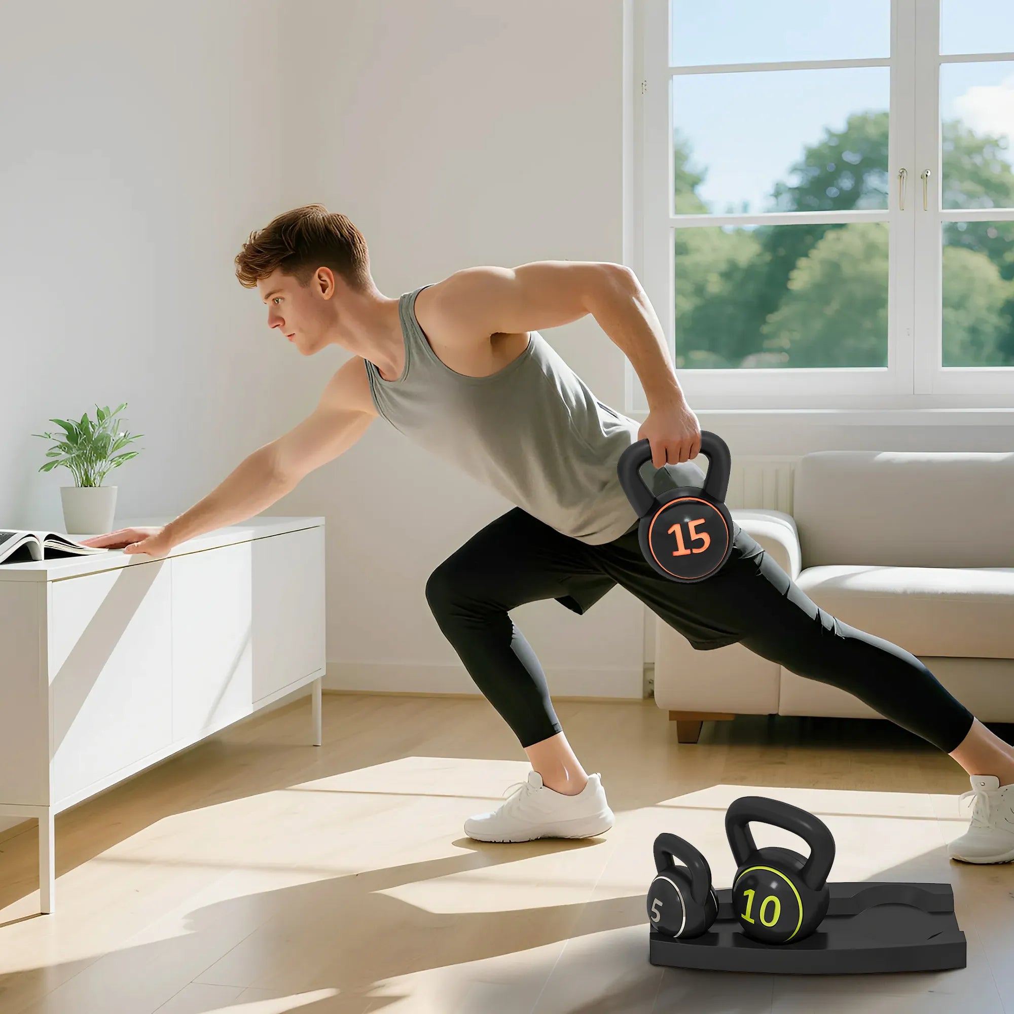Kettlebell rinkinys, 3 rutuliniai hanteliai 2,2 kg/4,5 kg/6,8 kg, plastikinis dėklas, juodos spalvos