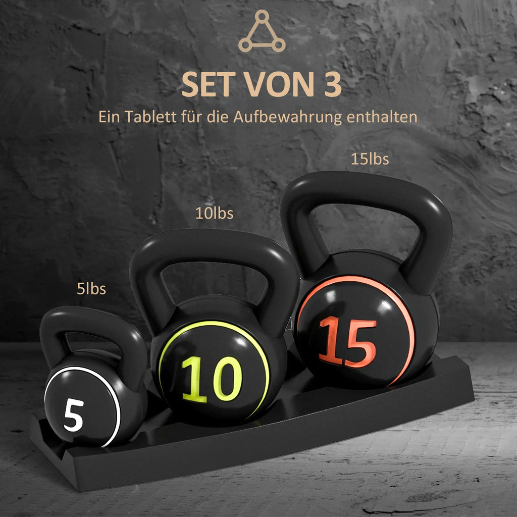 Kettlebell rinkinys, 3 rutuliniai hanteliai 2,2 kg/4,5 kg/6,8 kg, plastikinis dėklas, juodos spalvos
