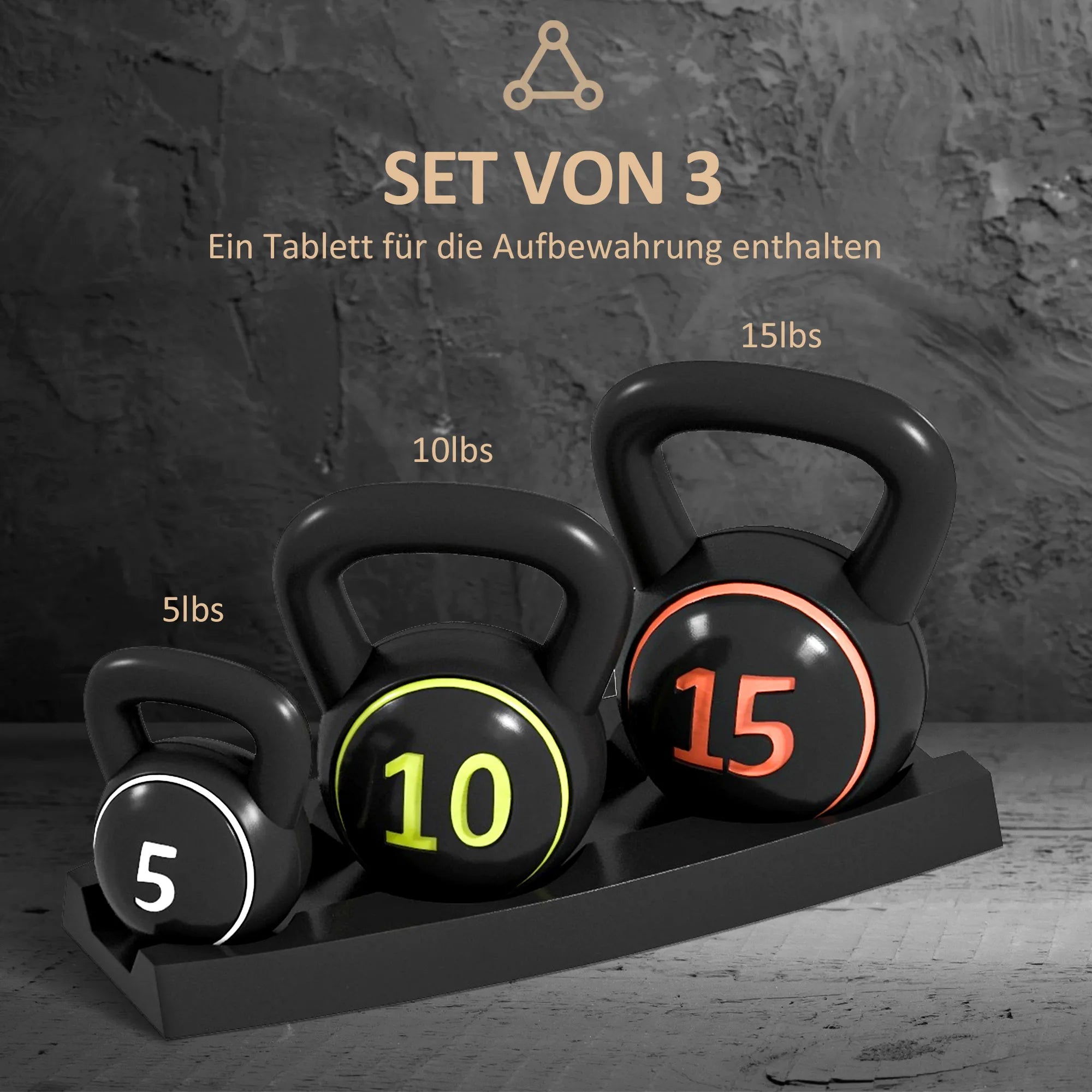 Kettlebell rinkinys, 3 rutuliniai hanteliai 2,2 kg/4,5 kg/6,8 kg, plastikinis dėklas, juodos spalvos