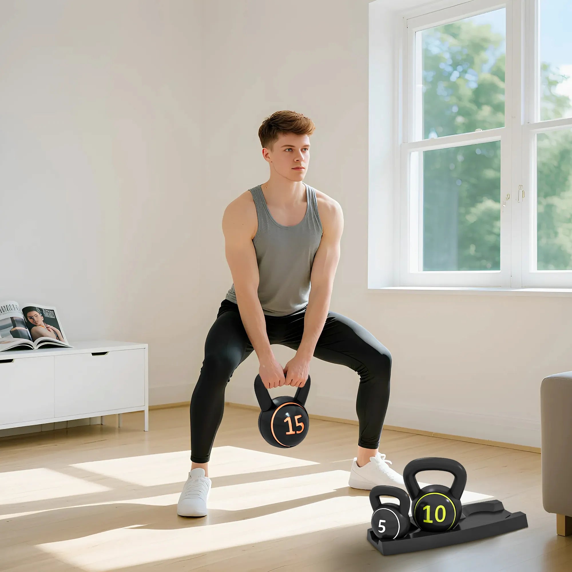 Kettlebell rinkinys, 3 rutuliniai hanteliai 2,2 kg/4,5 kg/6,8 kg, plastikinis dėklas, juodos spalvos