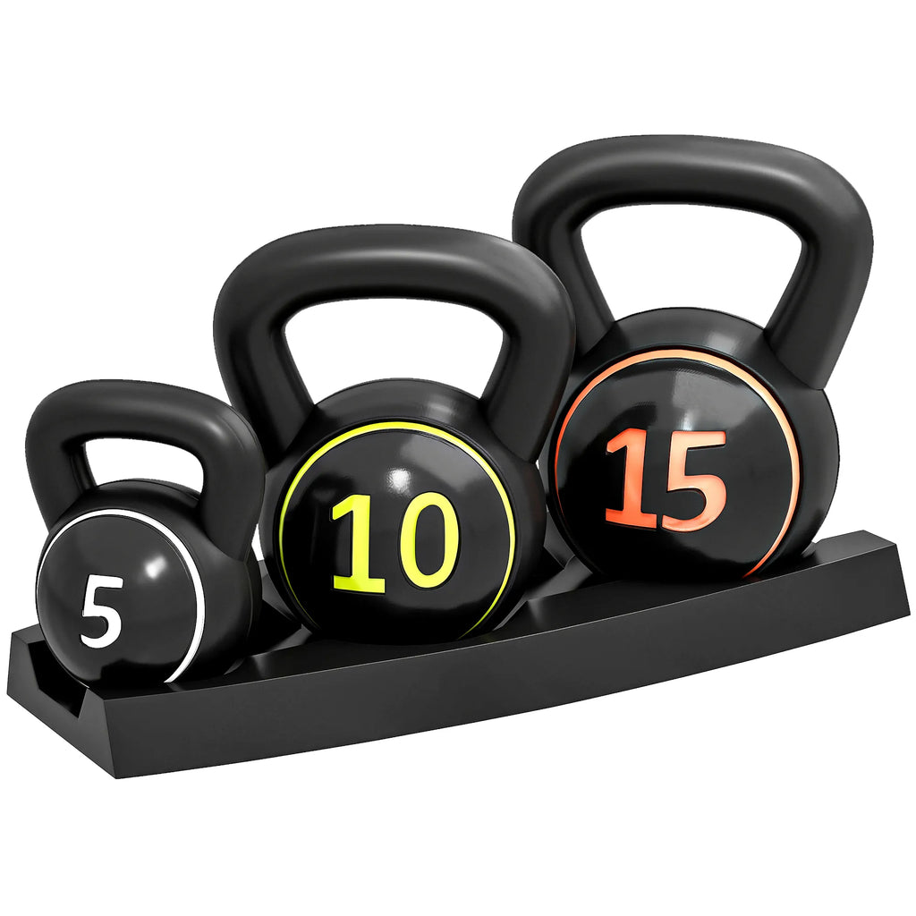 Kettlebell rinkinys, 3 rutuliniai hanteliai 2,2 kg/4,5 kg/6,8 kg, plastikinis dėklas, juodos spalvos