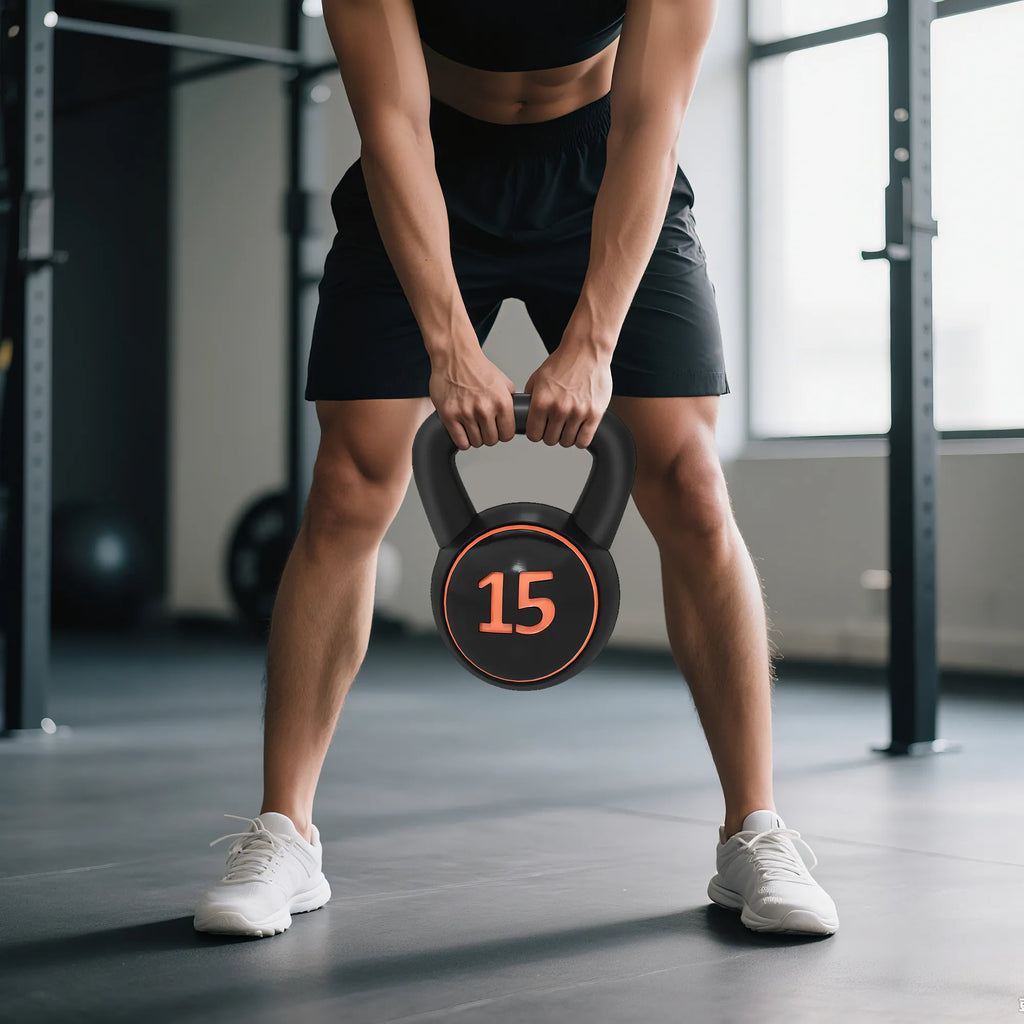 Kettlebell rinkinys, 3 rutuliniai hanteliai 2,2 kg/4,5 kg/6,8 kg, plastikinis dėklas, juodos spalvos