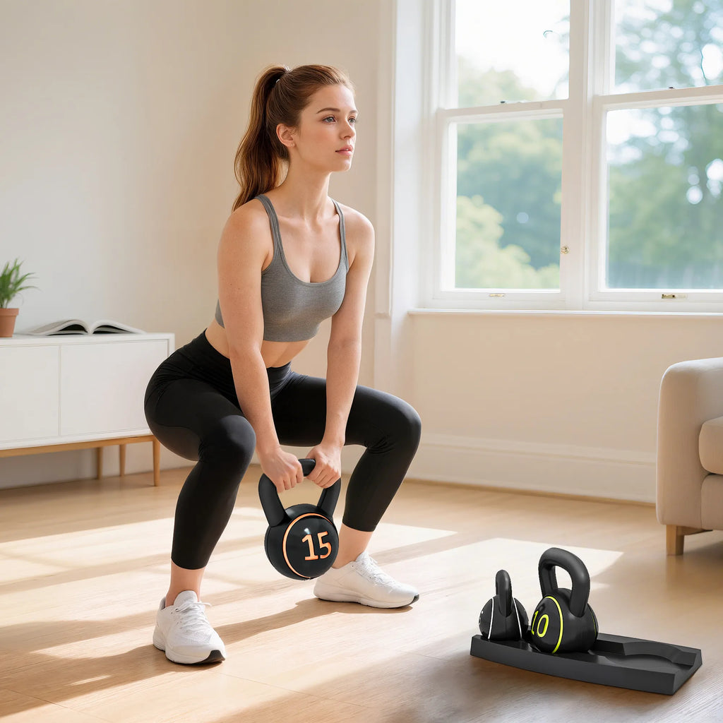 Kettlebell rinkinys, 3 rutuliniai hanteliai 2,2 kg/4,5 kg/6,8 kg, plastikinis dėklas, juodos spalvos