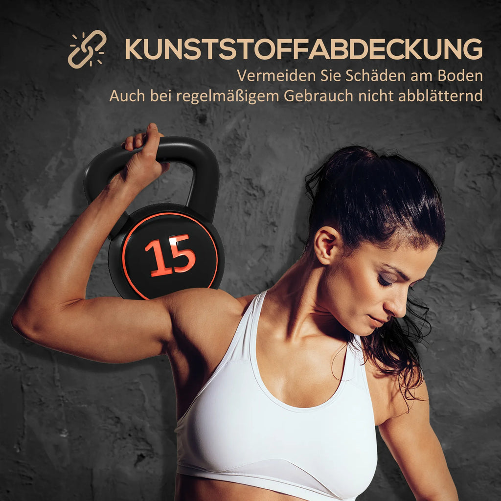 Kettlebell rinkinys, 3 rutuliniai hanteliai 2,2 kg/4,5 kg/6,8 kg, plastikinis dėklas, juodos spalvos