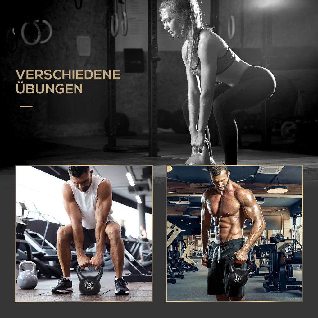 Koliažas su žmonėmis, atliekančiais pratimus su kettlebell svoriu