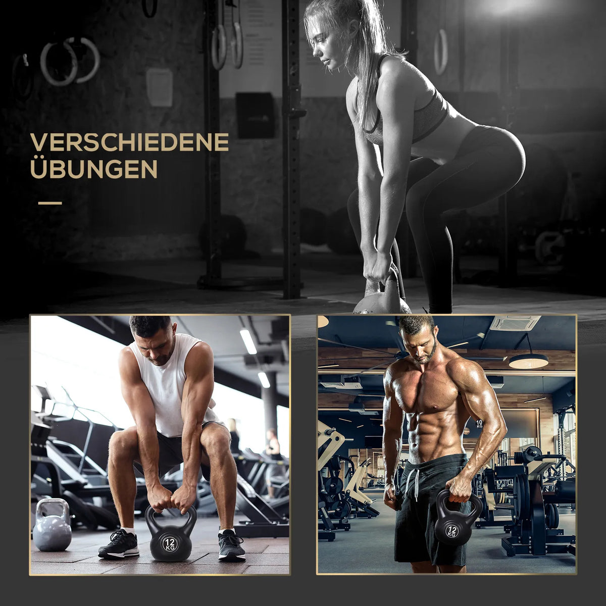 Koliažas su žmonėmis, atliekančiais pratimus su kettlebell svoriu