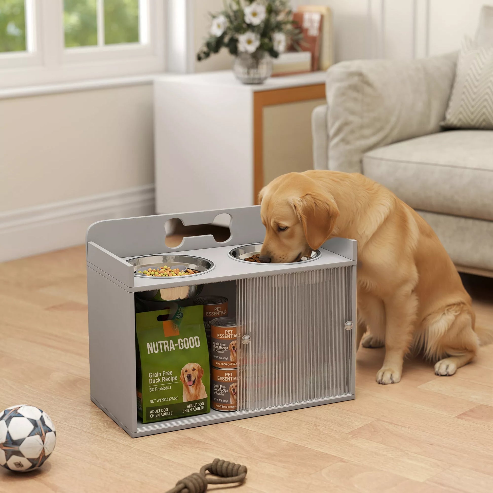 Pakelta pašarų stotelė su 2 dubenėliais ir spintele, MDF, nerūdijantis plienas, kaulų raštas, pilka