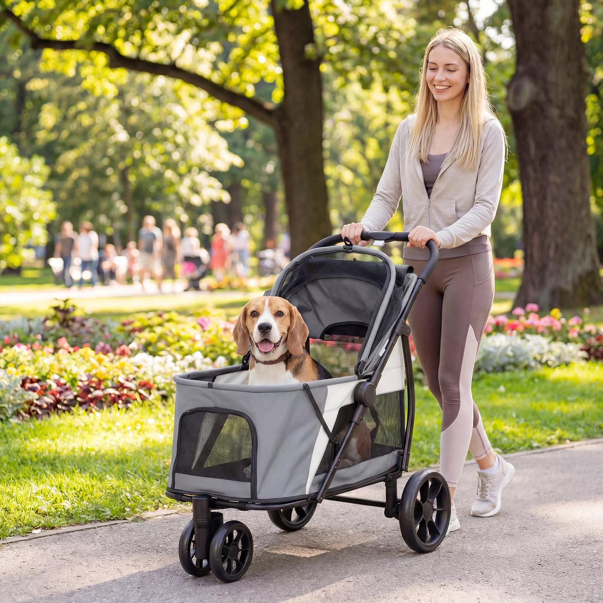 Sulenkiamas šunų vežimėlis su plaunamu pagalvėliu, tinkliniais langais, 3 ratais, skirtas vidutinio dydžio šunims iki 20 kg, pilkos spalvos