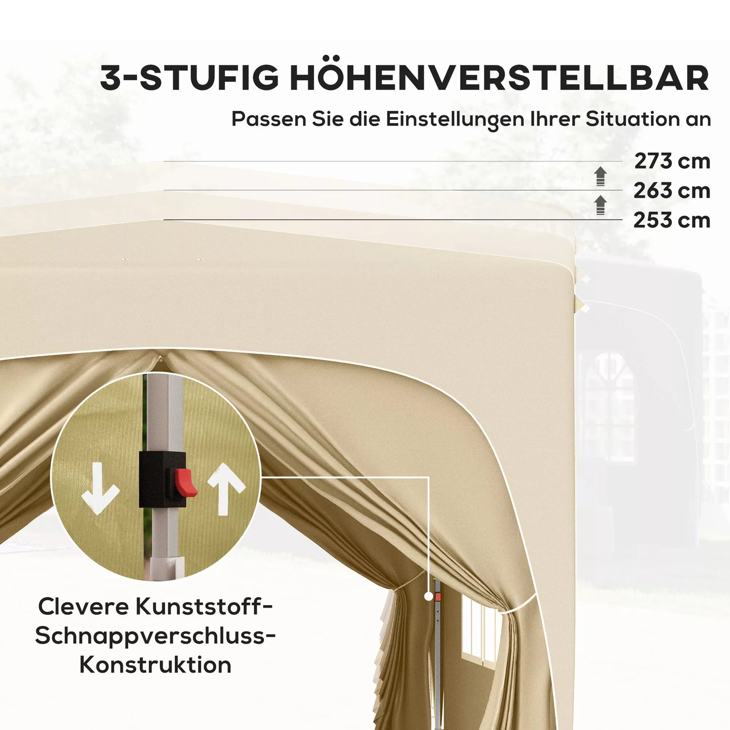 3 x 3 m paviljonas, pop-up sodo palapinė su šoninėmis sienomis ir nešimo krepšiu, UPF50+, reguliuojamas aukštis, smėlio spalvos