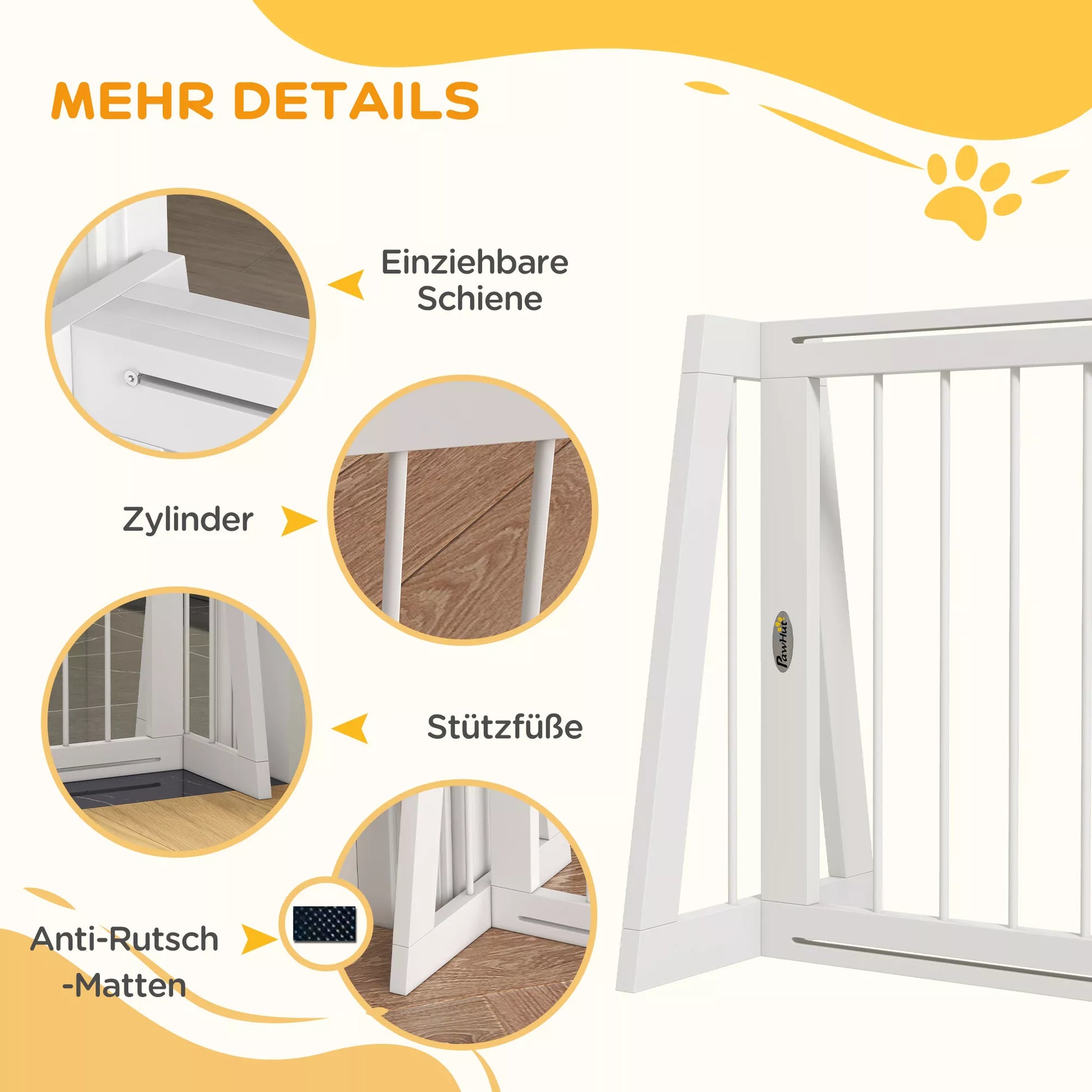 Šunų užtvara, neslidži, laisvai stovinti, ištempiama, medinis rėmas, 71–190 x 38,5 x 56 cm, balta