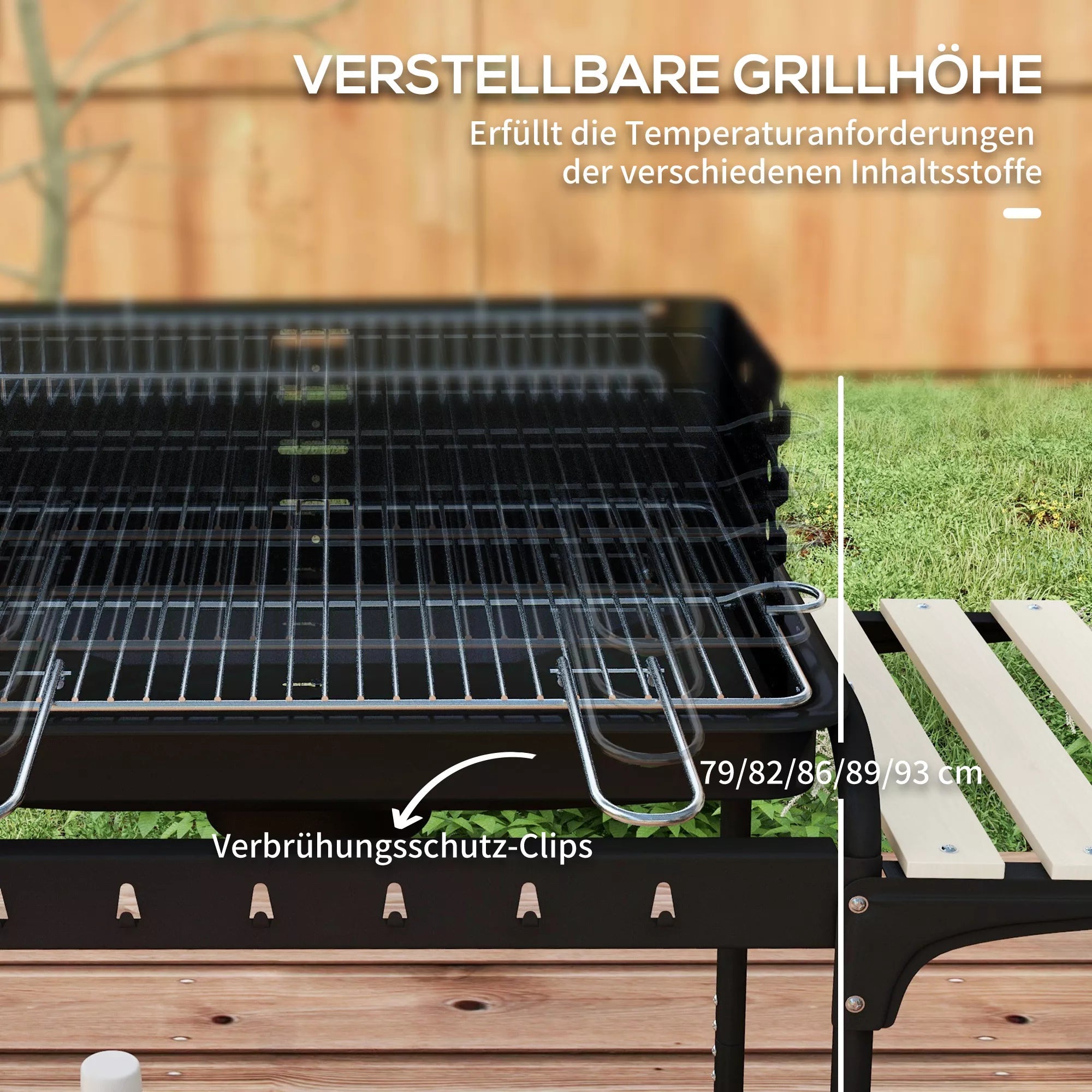 Metalinis anglies grilis BBQ Smoker su ratukais, aukščio reguliuojamas grotelių aukštis, medienos dėklas 103x47x95 cm Juodas