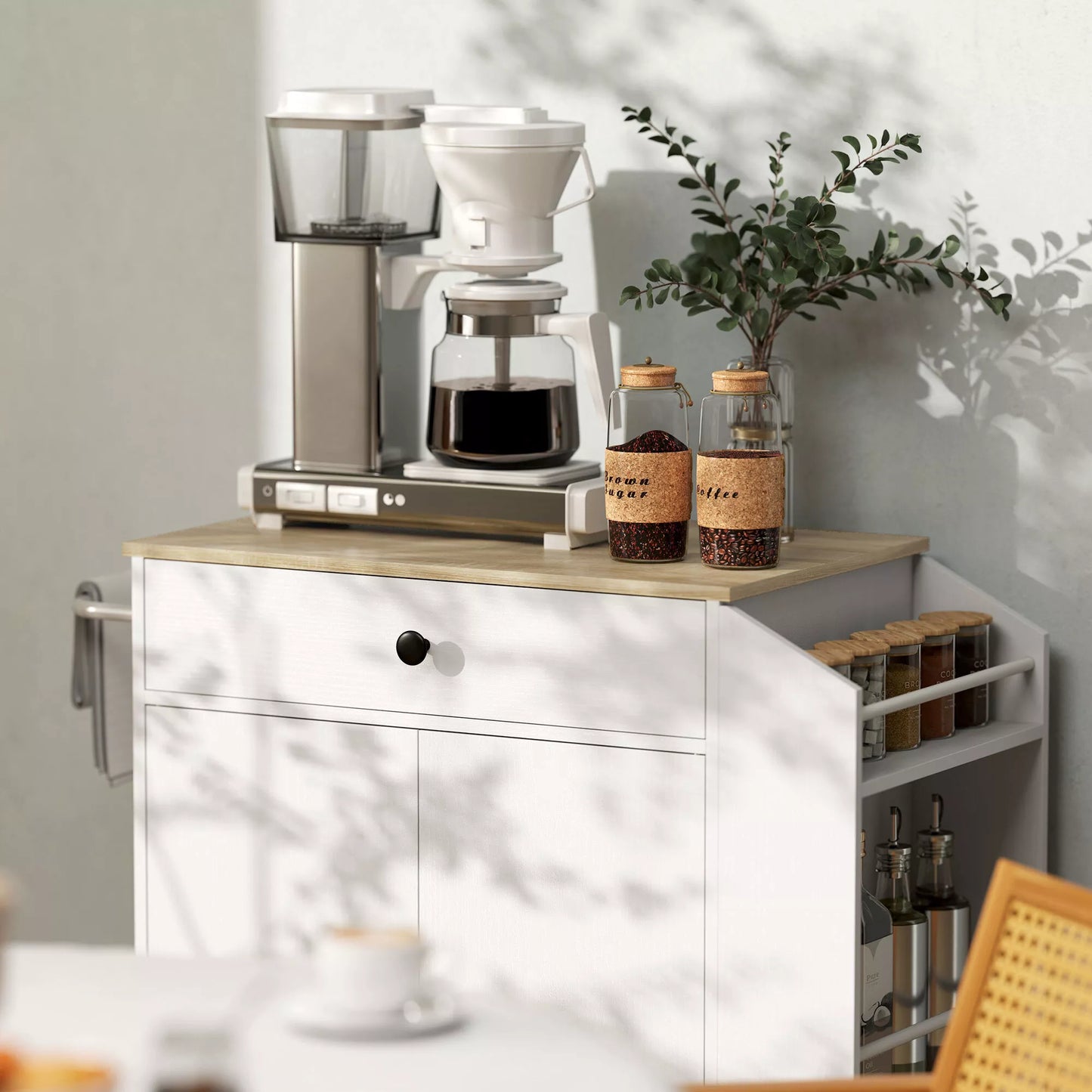 Virtuvės vežimėlis su stalčiumi, spintele, prieskonių lentynėle, rankšluosčių laikikliu,  82 x 38 x 86,5 cm, baltas/ąžuolas