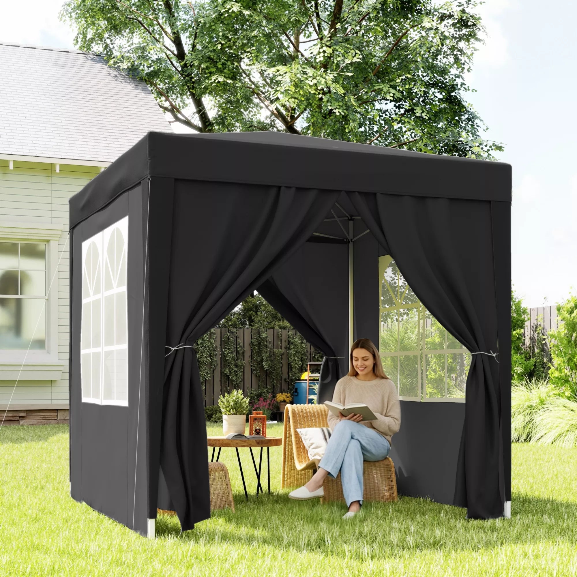 Sulankstoma pavėsinė-palapinė, 2x2 m sodo paviljonas su 4 nuimamomis sienelėmis ir langais, juodas