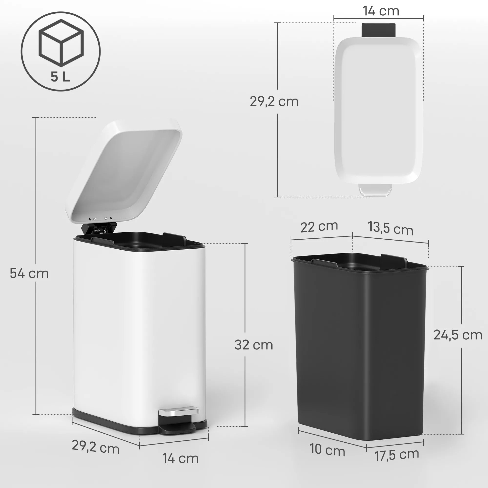 Metalinis šiukšlių konteineris, šiukšlių dėžė, 5 l talpos, su pėdos pedalu, su vidiniu konteinerio įdėklu, baltas