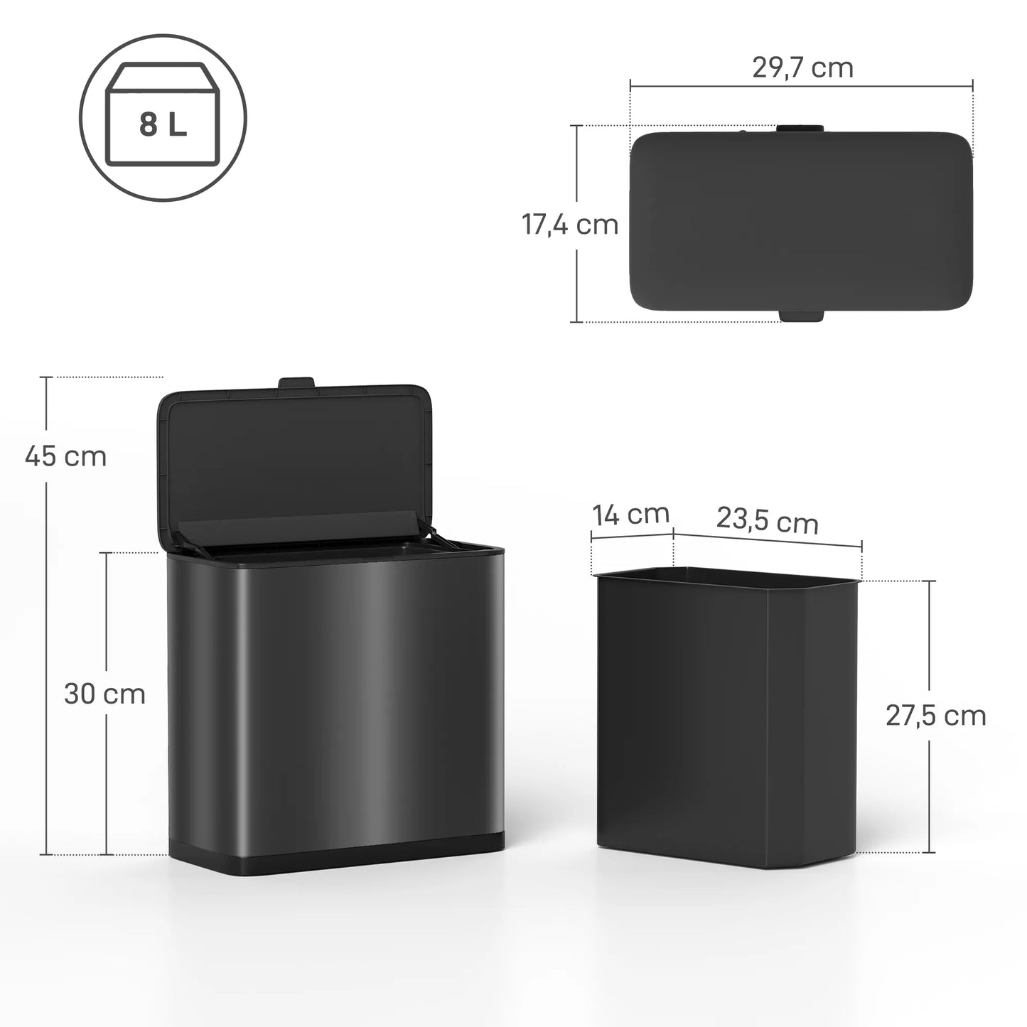 8 l šiukšliadėžė, stovinti arba kabinama, nerūdijantis plienas, juoda