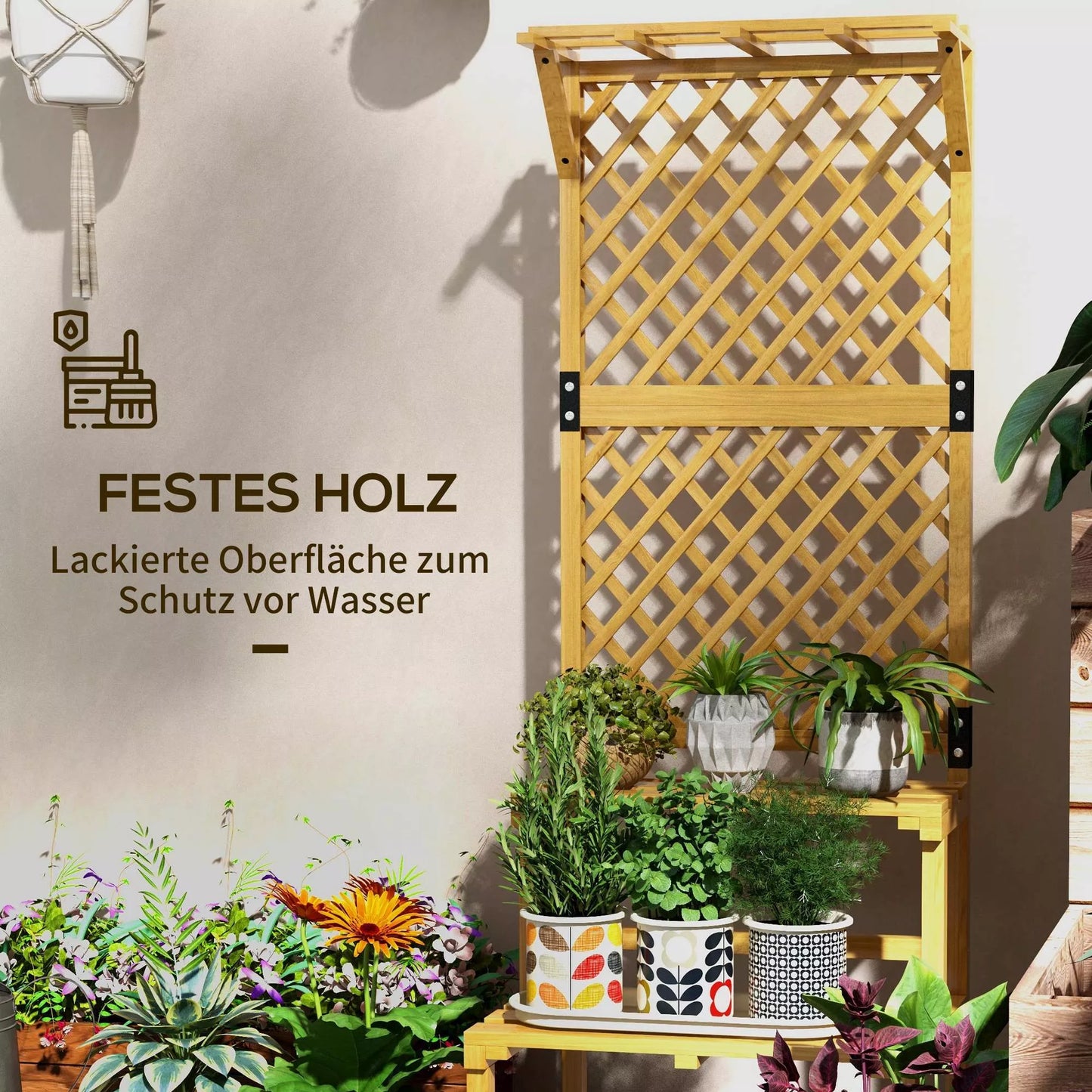 Augalų stovas, gėlių lentyna, 2 aukštų, su atramine sienute ir stogeliu, eglės mediena, 60x50x166cm, geltonas