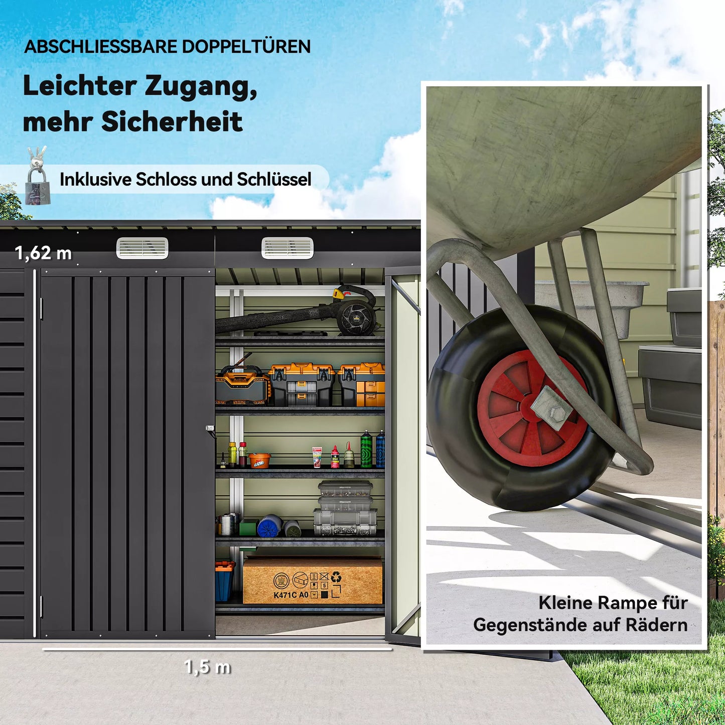 Plieninis sodo namelis, įrankių namelis, dvigubos durys, 249P x 121G x 166/183A cm, pilka