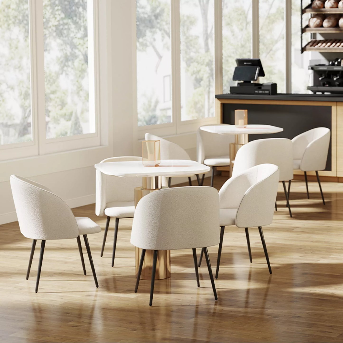 2 vnt. valgomojo kėdžių komplektas, minkštos kėdės su audinio apmušalu, virtuvės kėdės su plieninėmis kojomis, išlenkta atlošas, kreminė balta