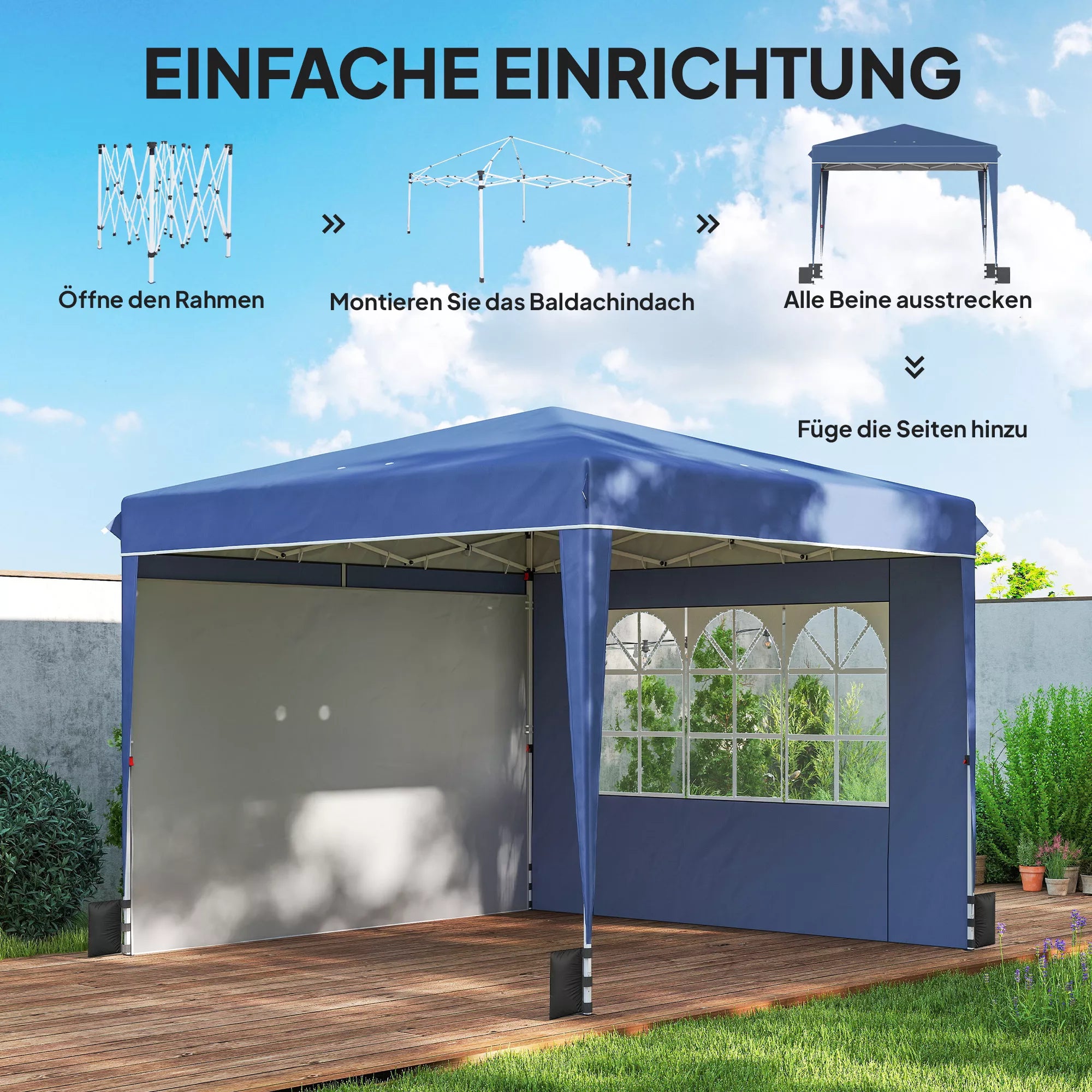 Paviljonas 3 x 3 m, atsparus vandeniui, reguliuojamo aukščio, išskleidžiamas, su 2 šoniniais elementais, UV 50+, sulankstomas, tamsiai mėlynos spalvos