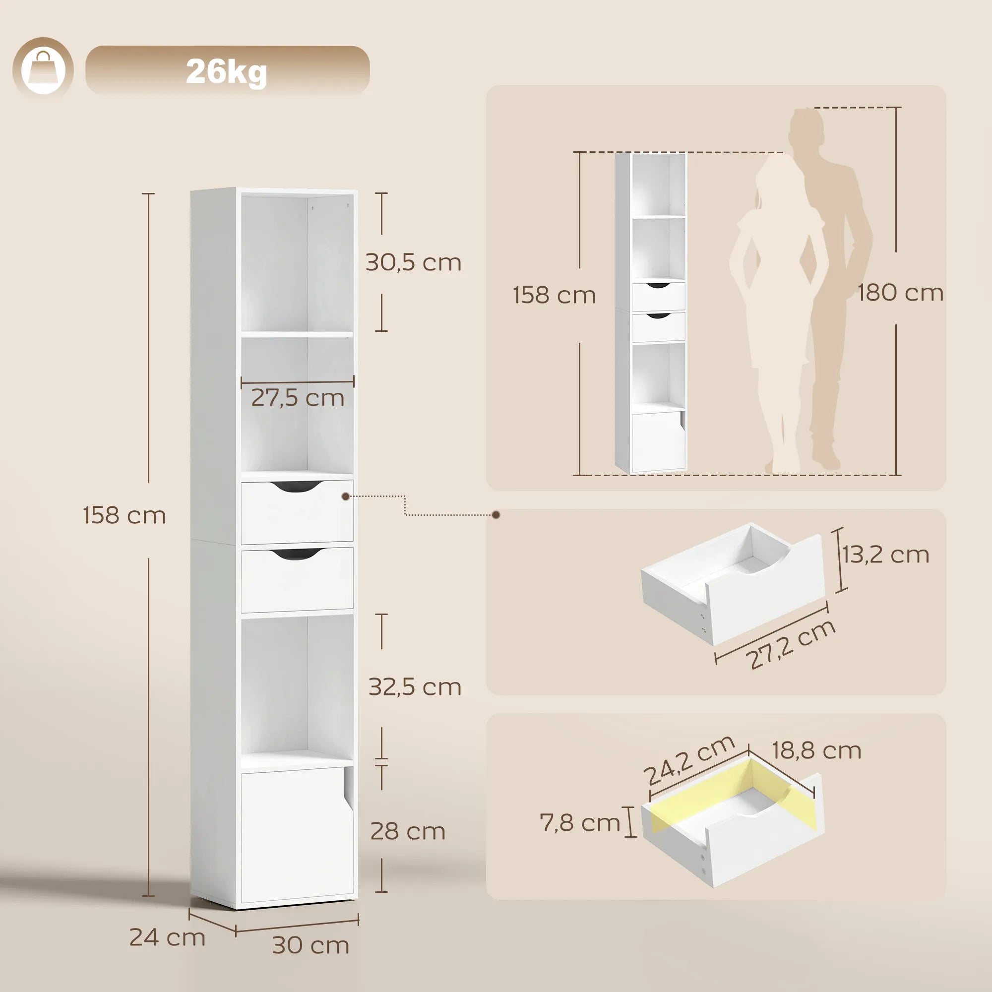 Knygų lentynos matmenų schema centimetrais, svoris iki 26 kg