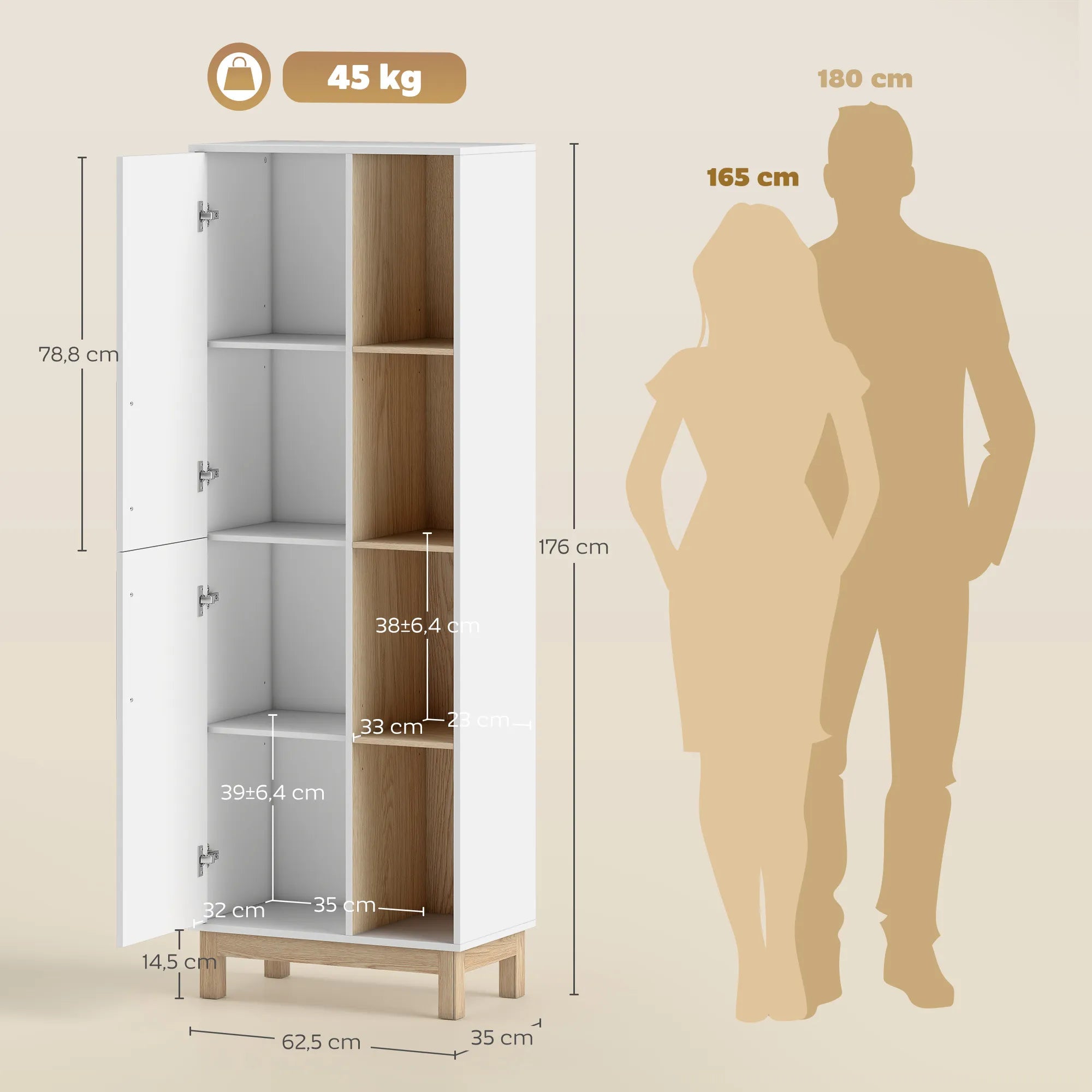 Knygų lentyna su 4 atviromis lentynomis ir 2 spintelėmis, 176 cm, balta