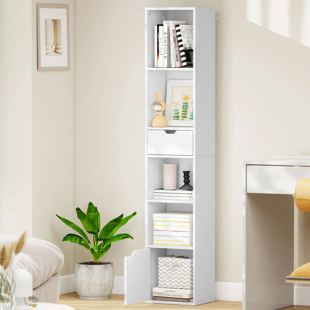 Knygų lentyna su stalčiumi ir spintele, reguliuojama, 30 x 24 x 158 cm, balta