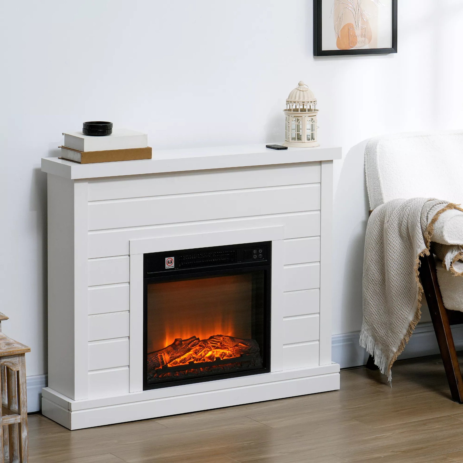 Elektrinis židinys, 3D liepsnos efektas, 3 nustatymai, laikmatis, nuotolinio valdymo pultelis, baltas