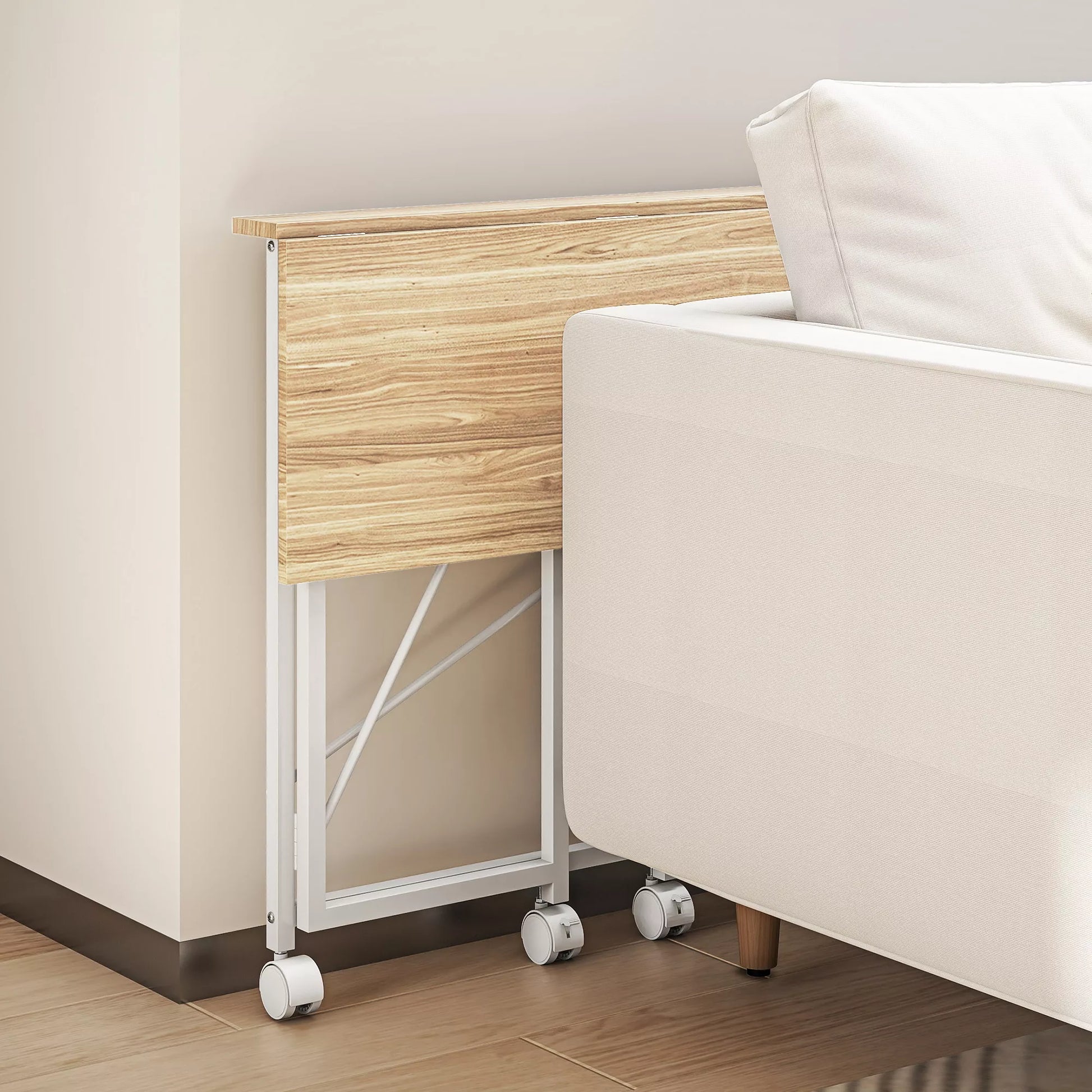 Sulankstomas stalas su ratukais, taupantis vietą, plienas, MDF, natūralus