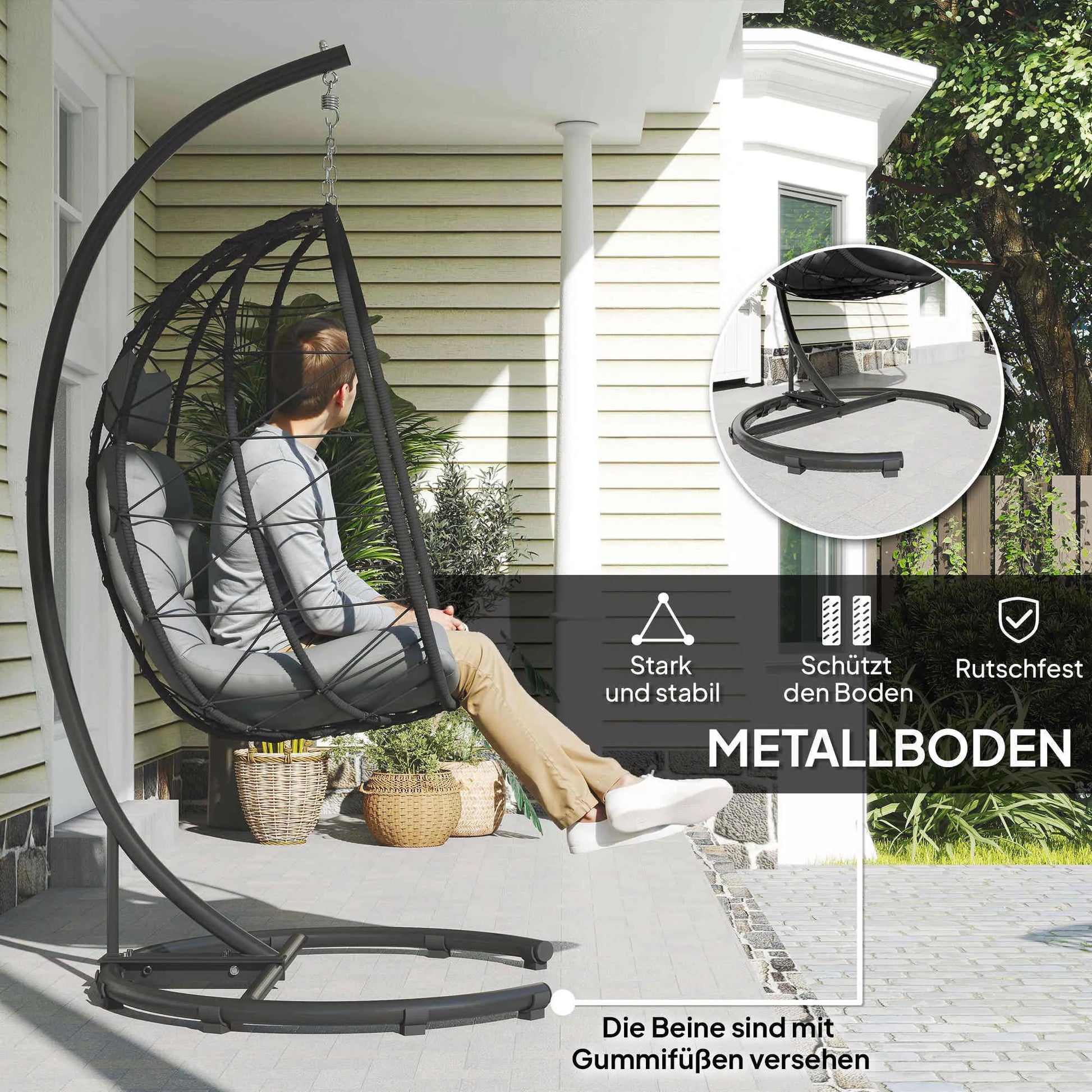 Kabinamas kėdė Lauko kabinama kėdė „Egg Chair“, atspari atmosferos poveikiui, su pagalvėle, 102 cm x 102 cm x 195 cm, tamsiai pilka