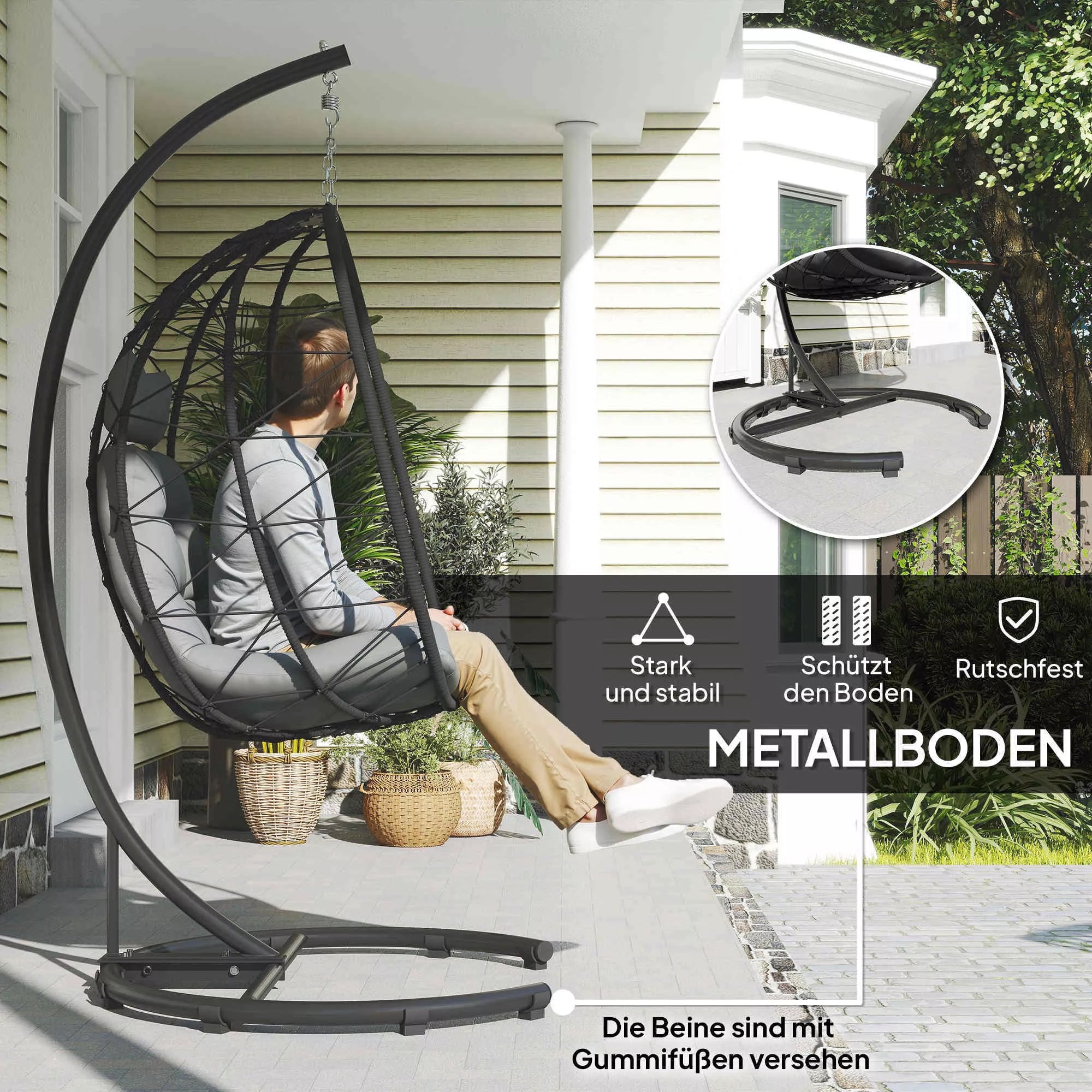 Kabinamas kėdė Lauko kabinama kėdė „Egg Chair“, atspari atmosferos poveikiui, su pagalvėle, 102 cm x 102 cm x 195 cm, tamsiai pilka